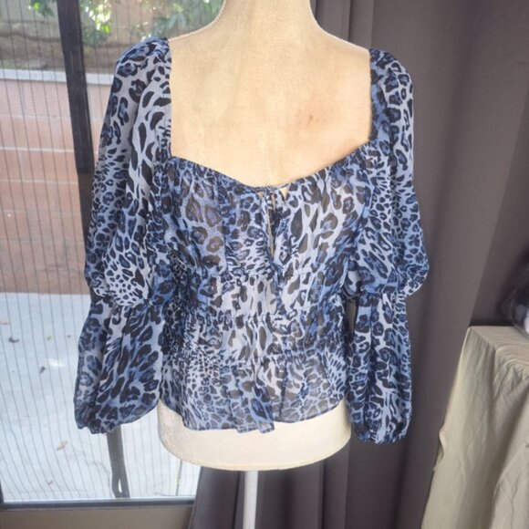 Milk & Honey Animal Print Top Womens M Blue Leopard Print Boho Y2k Long Sleeve - Picture 6 of 9